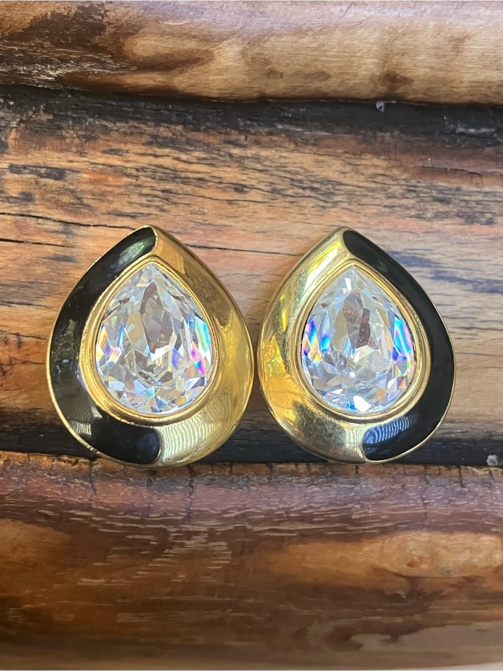 Vintage Monet Teardrop Crystal Black Enamel Gold Tone Clip On Earrings Signed